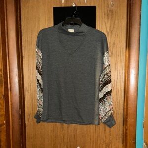 BiBi Gray Top with Patterned Sleeves